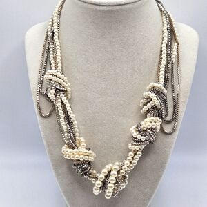 VINTAGE Traci Lynn Faux Pearl Silver Tone Mixed Metal Knotted Necklace